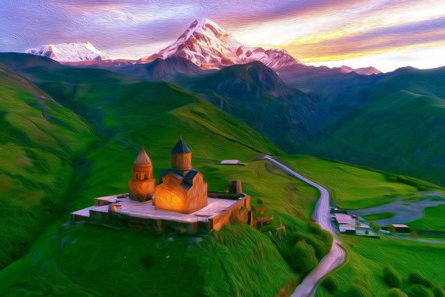 Gergeti Trinity Church Kazbegi, Kazbegi watercolor canvas
