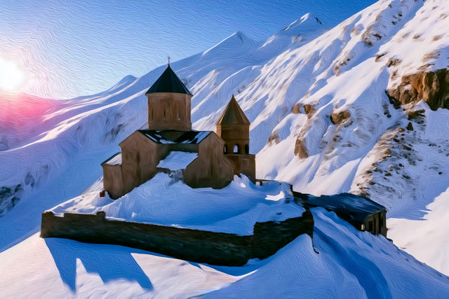 Gergeti Trinity Church, Kazbegi watercolor canvas