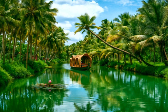 Kerala Backwaters Houseboat Canal, Kerala Backwaters watercolor canvas