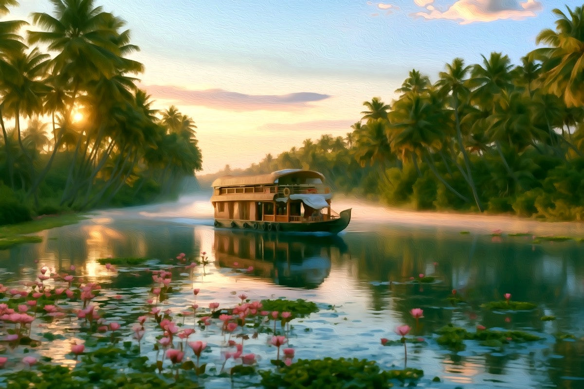 Kerala Backwaters Houseboat gallery canvas, unframed and in an espresso floating frame — Kerala Backwaters, India