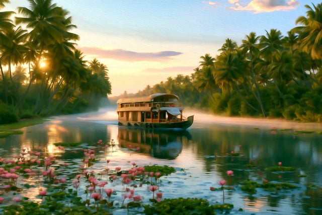 Kerala Backwaters Houseboat, Kerala Backwaters watercolor canvas