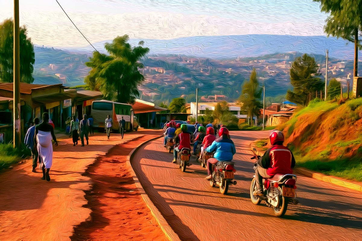 Kigali Hillside Street Scene gallery canvas, unframed and in an espresso floating frame — Kigali, Rwanda