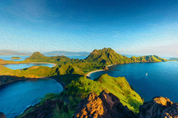 Padar Island Aerial View, Komodo Island watercolor canvas