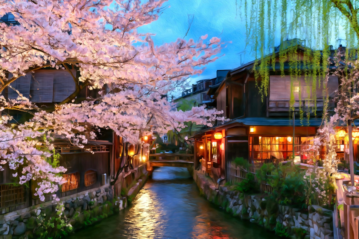 Shirakawa Canal Cherry Blossoms gallery canvas, unframed and in an espresso floating frame — Kyoto, Japan