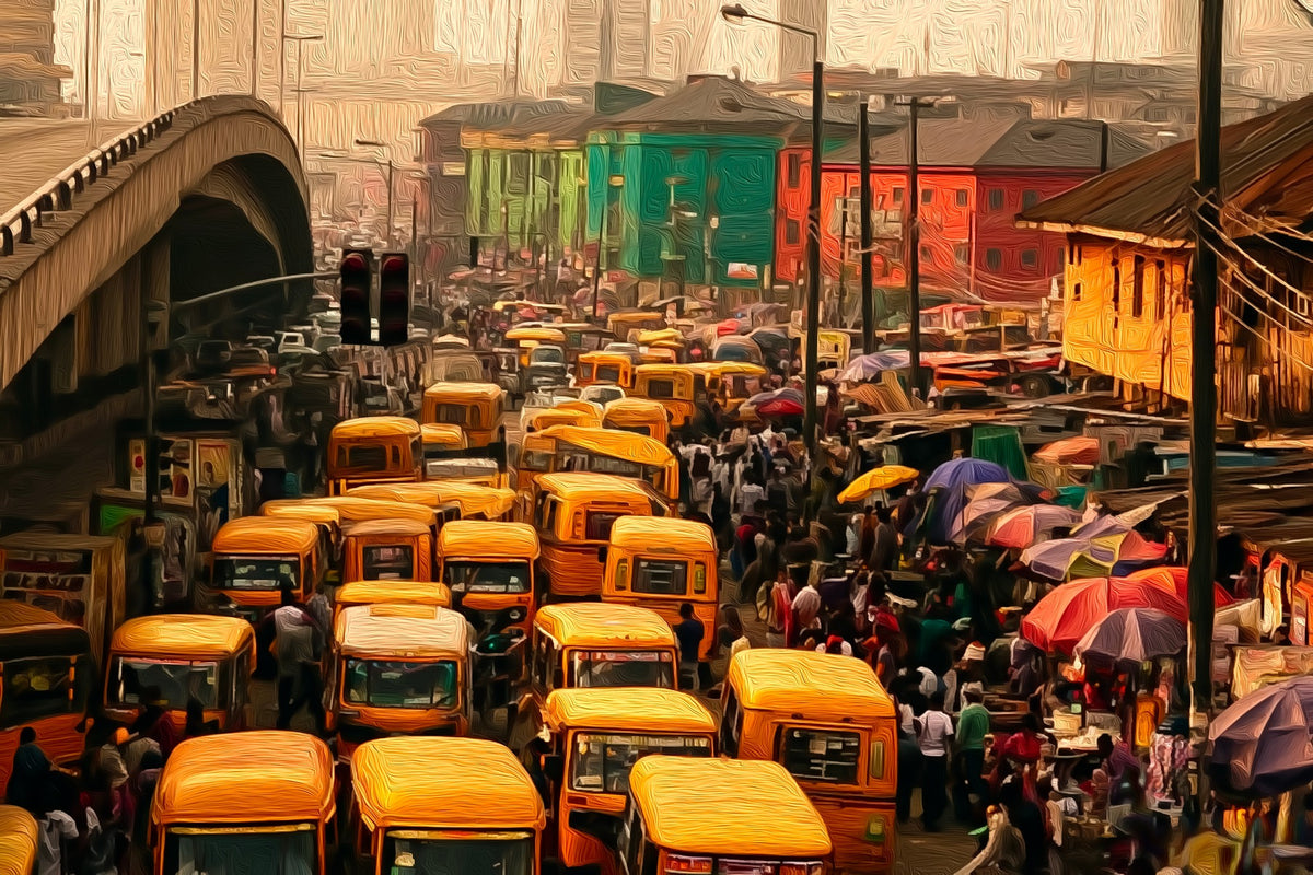 Lagos Danfo Bus Traffic gallery canvas, unframed and in an espresso floating frame — Lagos, Nigeria