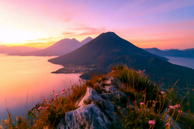 Lake Atitlan Volcano Panorama, Lake Atitlan watercolor canvas