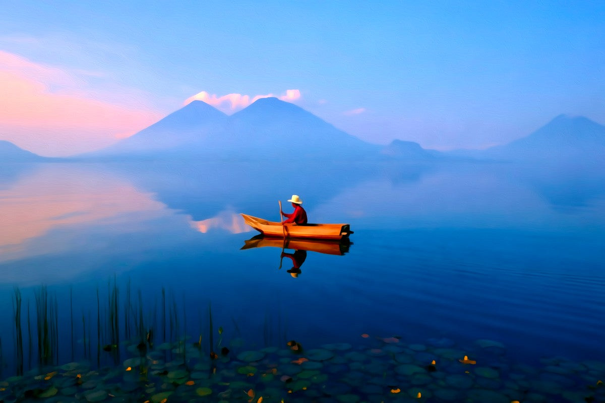 Lake Atitlan Volcano Reflections gallery canvas, unframed and in an espresso floating frame — Lake Atitlan, Guatemala