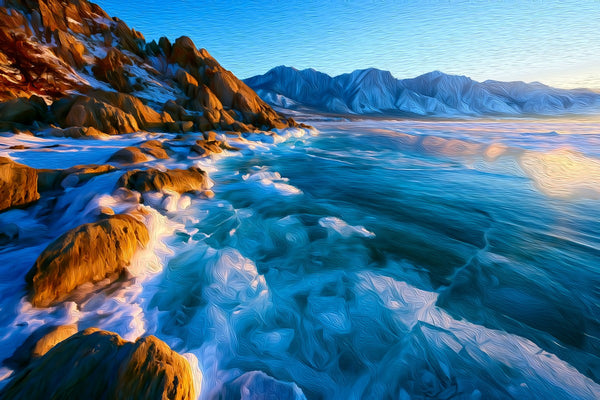 Rocky Shores Turquoise Waters, Lake Baikal watercolor canvas