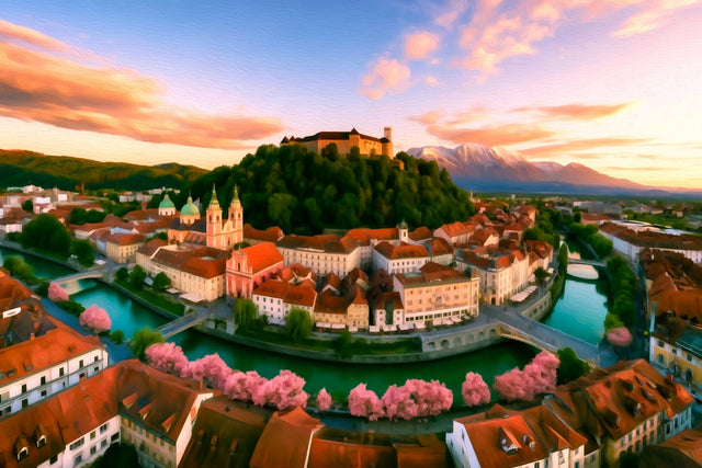 Ljubljana Castle Hill Old Town, Ljubljana watercolor canvas