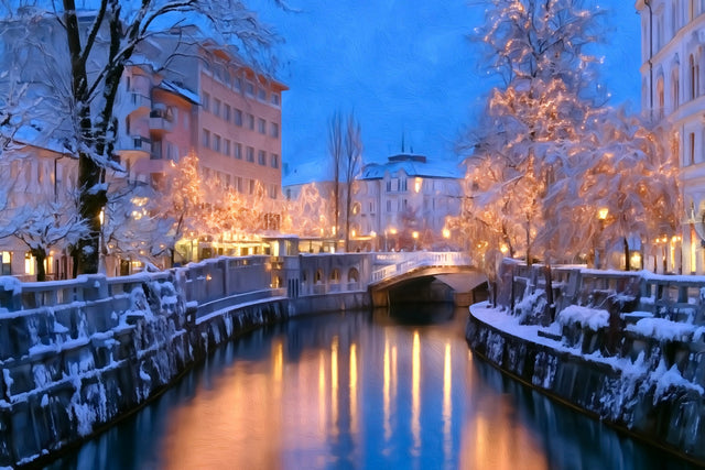 Ljubljanica River Winter Canal, Ljubljana watercolor canvas