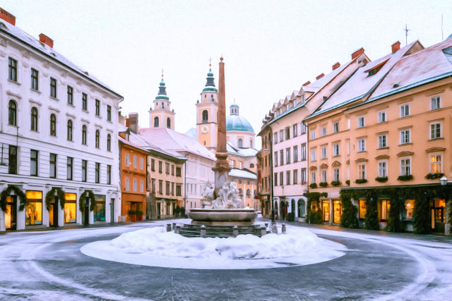 Town Square Robba Fountain, Ljubljana watercolor canvas