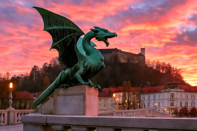 Dragon Bridge Green Statue, Ljubljana watercolor canvas