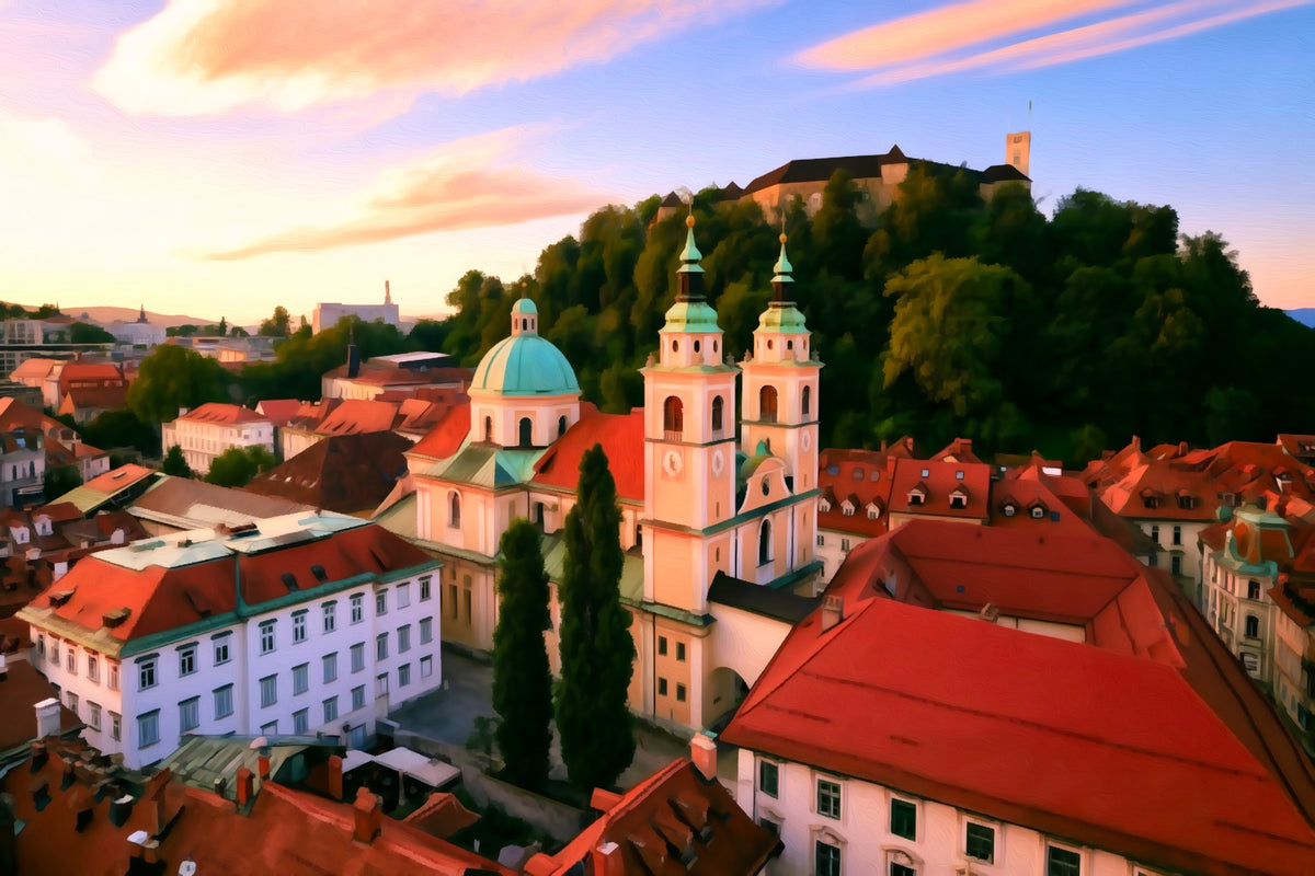 Ljubljana Cathedral and Castle Hill gallery canvas, unframed and in an espresso floating frame — Ljubljana, Slovenia