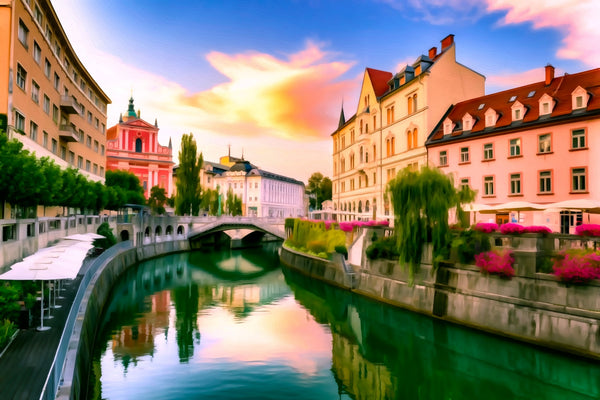 Ljubljanica River Triple Bridge, Ljubljana watercolor canvas