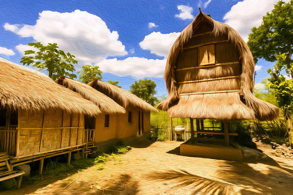 Traditional Sasak Village Huts, Lombok watercolor canvas