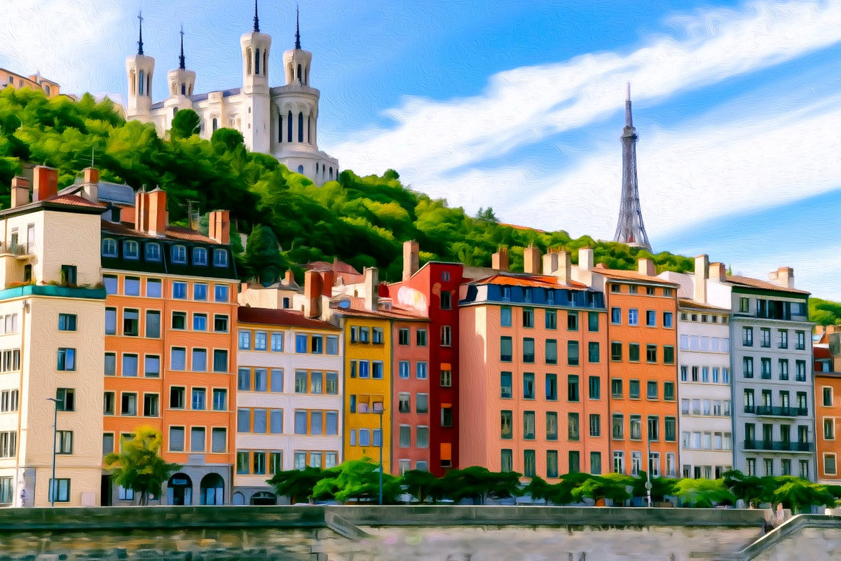 Fourviere Hill Basilica Saone gallery canvas, unframed and in an espresso floating frame — Lyon, France