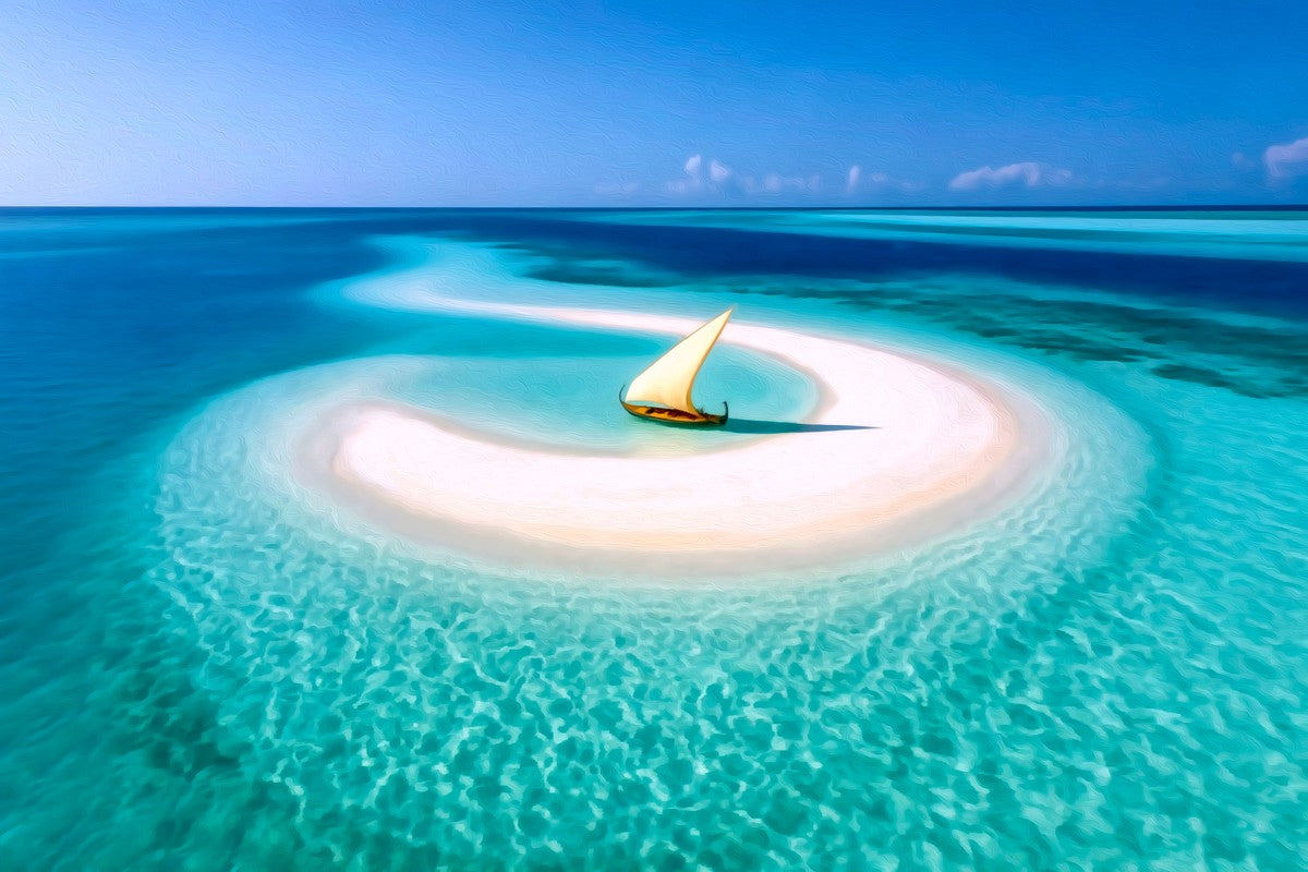 Maldives Sandbar Sailboat gallery canvas, unframed and in an espresso floating frame — Maldives