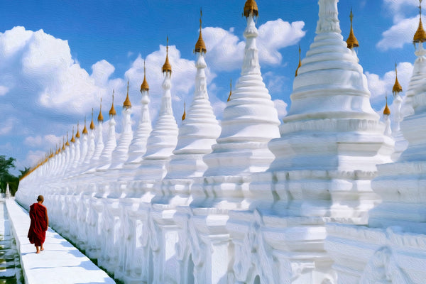 Sandamuni Pagoda White Stupas, Mandalay watercolor canvas