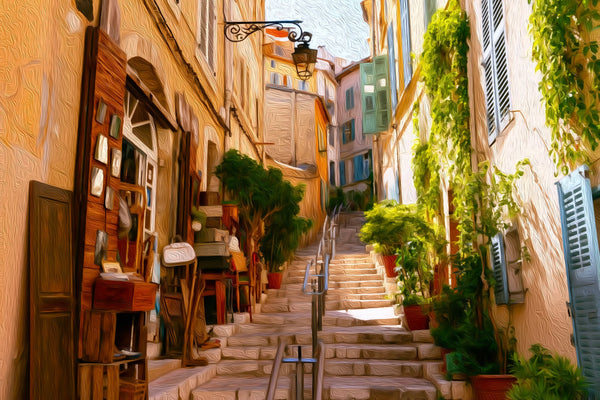 Marseille Old Town Stairway, Marseille watercolor canvas