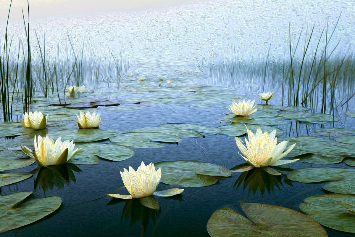 Okavango Delta Lily Pond gallery canvas, unframed and in an espresso floating frame — Maun, Botswana