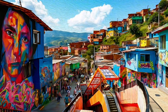 Comuna 13 Escalator Murals, Medellín watercolor canvas