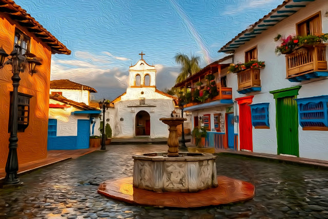 Jardin Plaza Colonial Church, Medellín watercolor canvas