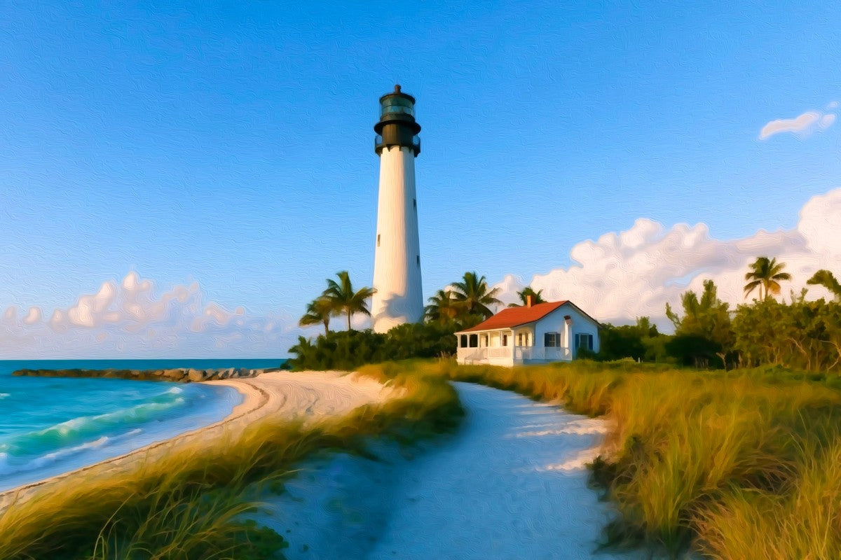Cape Florida Lighthouse Beach gallery canvas, unframed and in an espresso floating frame — Miami, Florida