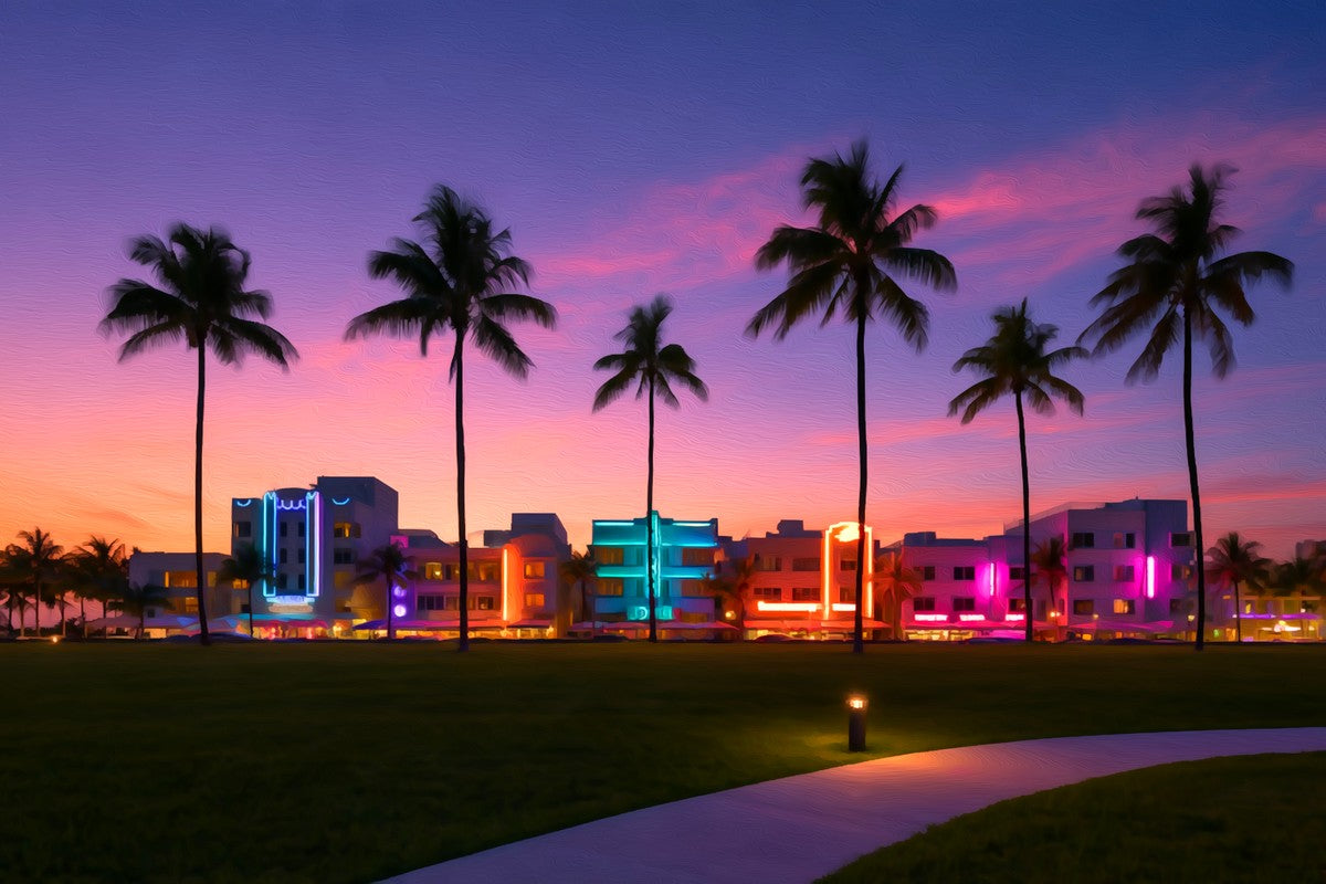 Ocean Drive Neon Skyline gallery canvas, unframed and in an espresso floating frame — Miami, Florida
