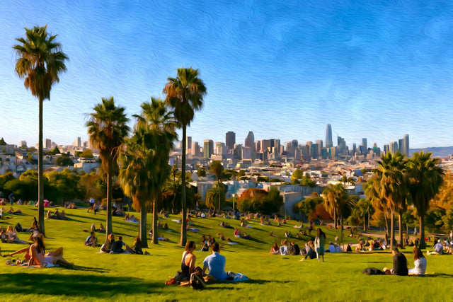 Dolores Park Skyline View, Mission District watercolor canvas