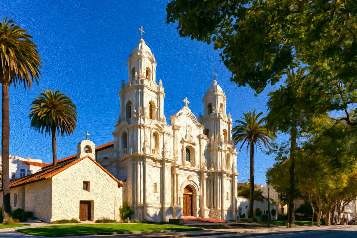 Mission Dolores Basilica gallery canvas, unframed and in an espresso floating frame — Mission District, San Francisco