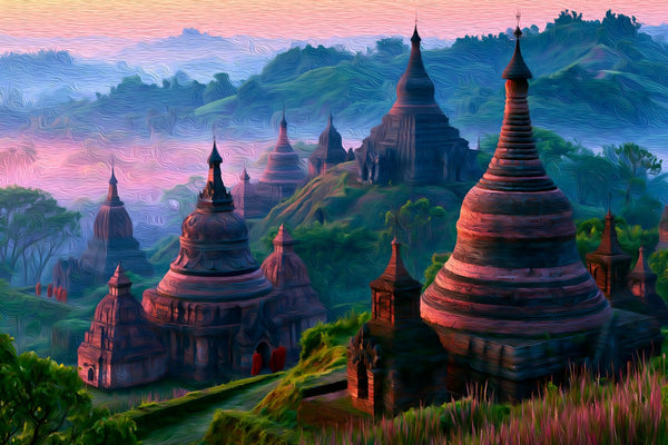 Ancient Temples at Dawn, Mrauk U watercolor canvas