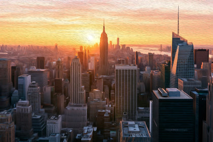 Manhattan Skyline Sunset, New York City watercolor canvas