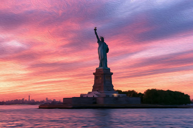 Statue of Liberty Sunset, New York City watercolor canvas