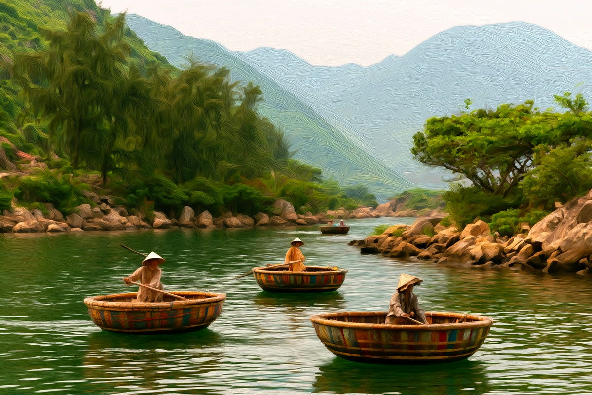 Nha Trang River Basket Boats gallery canvas, unframed and in an espresso floating frame — Nha Trang, Vietnam