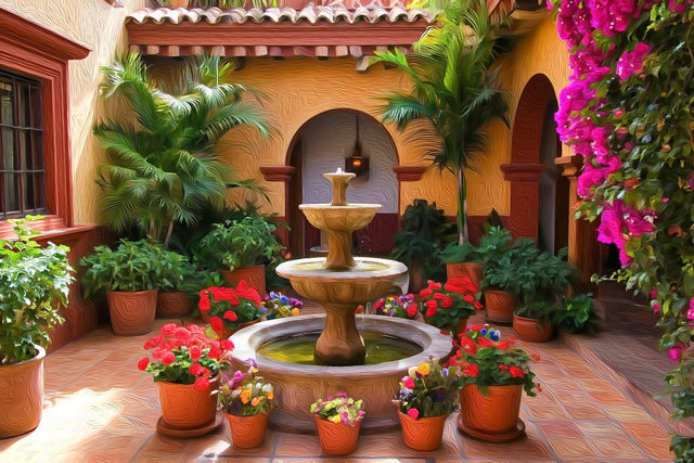 Oaxacan Courtyard Fountain, Oaxaca watercolor canvas