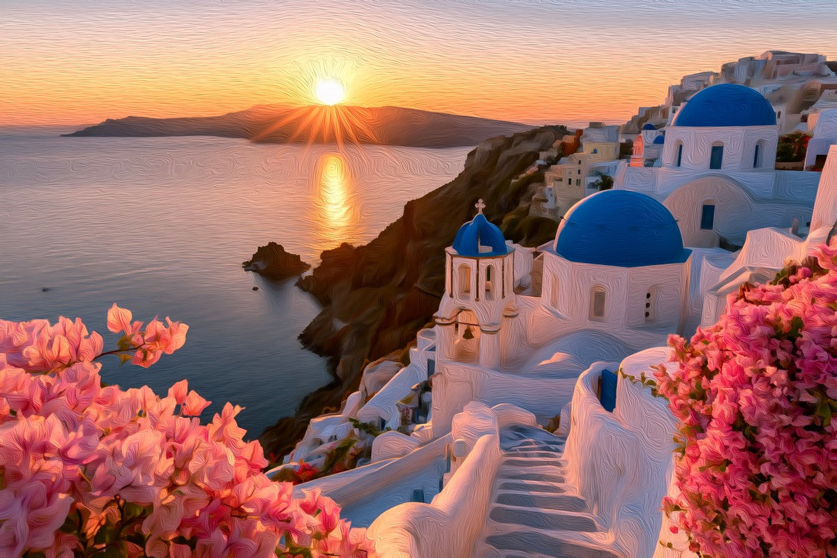 Oia Blue Domed Churches gallery canvas, unframed and in an espresso floating frame — Oia, Santorini