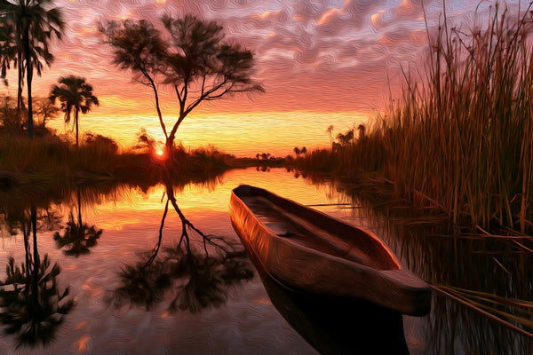 Okavango Delta Mokoro Sunset, Okavango Delta watercolor canvas