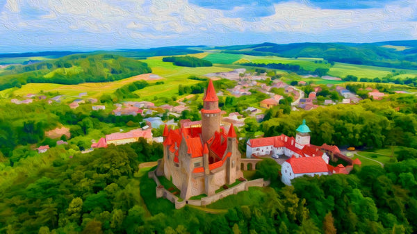 Medieval Castle Among Hills, Olomouc watercolor canvas