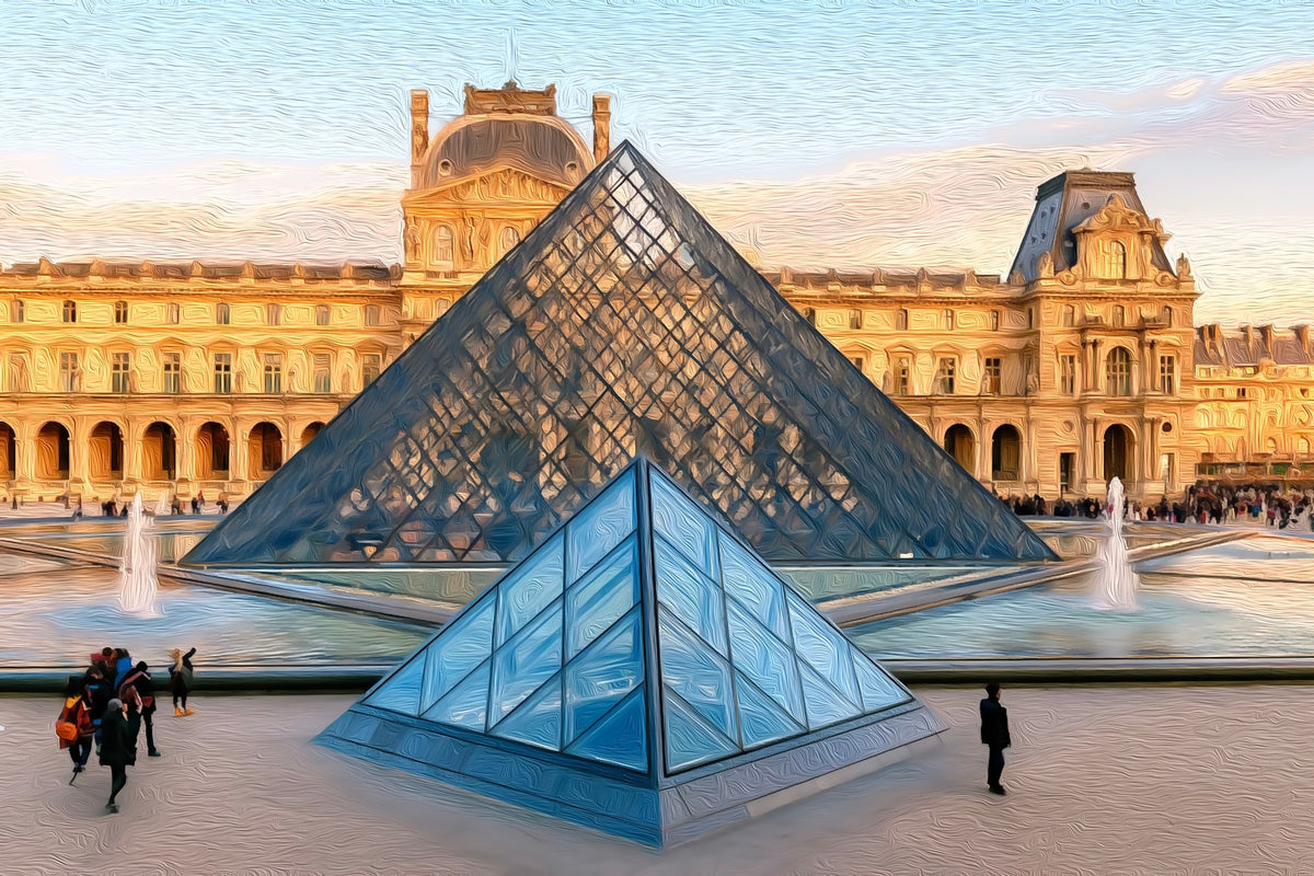 Louvre Glass Pyramid Courtyard gallery canvas, unframed and in an espresso floating frame — Paris, France