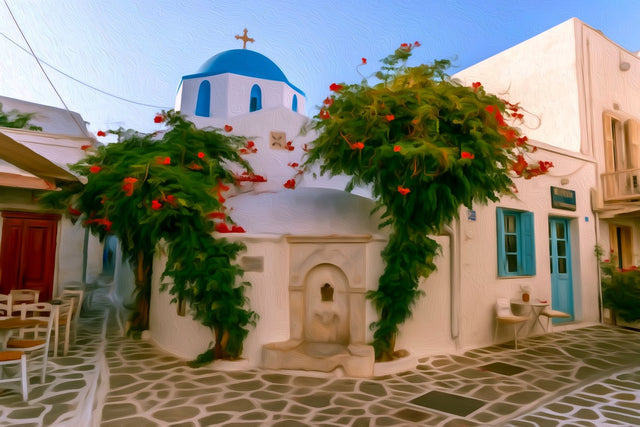 Paros Blue Dome Church, Paros watercolor canvas