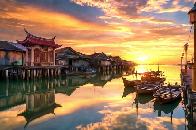 Chew Jetty Clan Pier Sunset, Penang Georgetown watercolor canvas