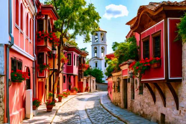 Old Town Cobblestone Street Bell Tower, Plovdiv watercolor canvas
