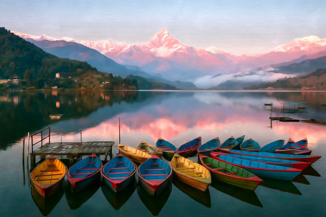 Phewa Lake Colorful Boats, Pokhara watercolor canvas