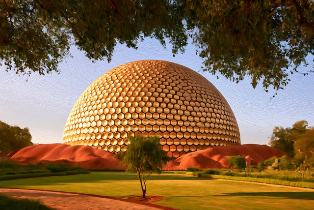 Golden Geodesic Meditation Dome, Pondicherry watercolor canvas