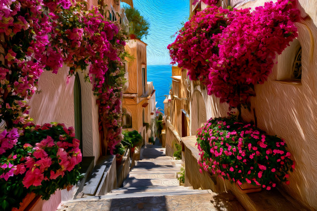 Positano Bougainvillea Stairway Alley, Positano watercolor canvas