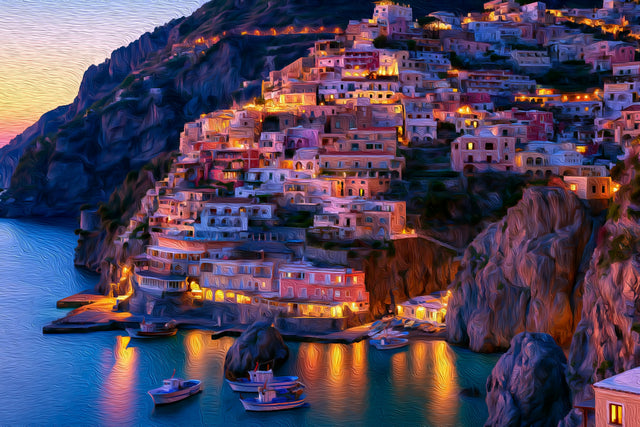 Positano Cliffside Village Lights, Positano watercolor canvas