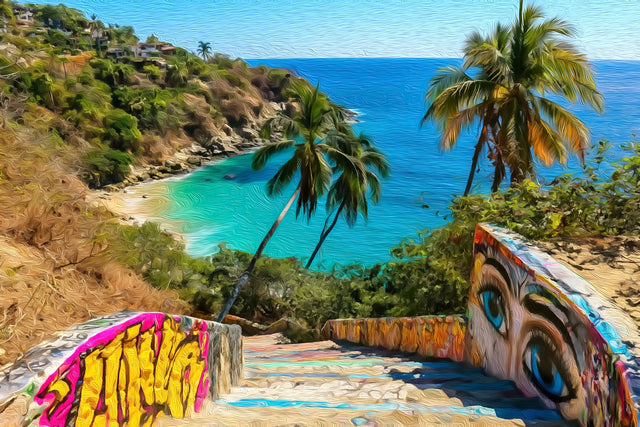 Playa Carrizalillo Graffiti Stairway, Puerto Escondido watercolor canvas