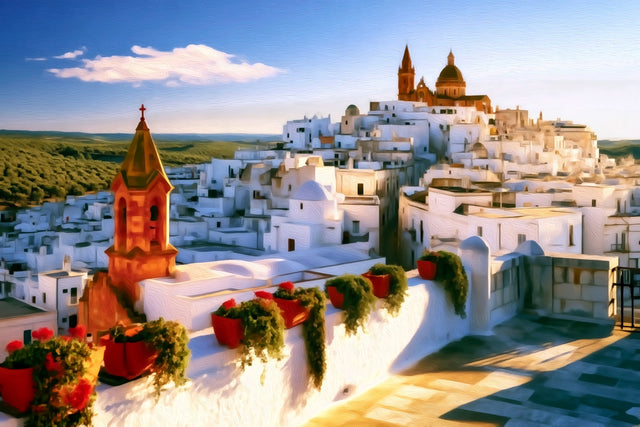 Ostuni White City Rooftops, Puglia watercolor canvas