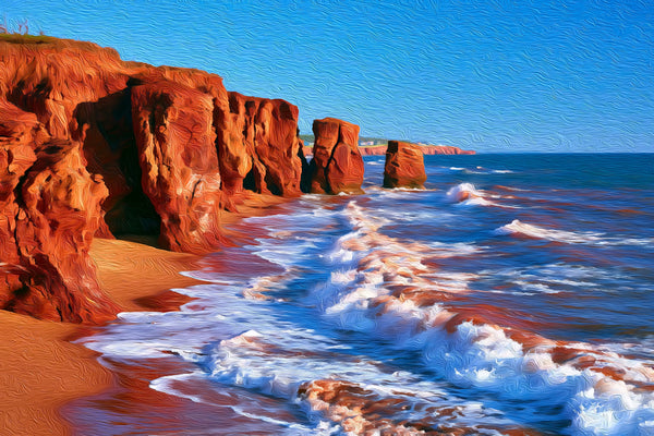 Red Rock Coastal Cliffs PEI, Prince Edward Island watercolor canvas