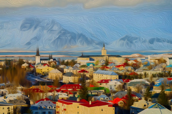 Hallgrímskirkja And Old Town Skyline, Reykjavik watercolor canvas